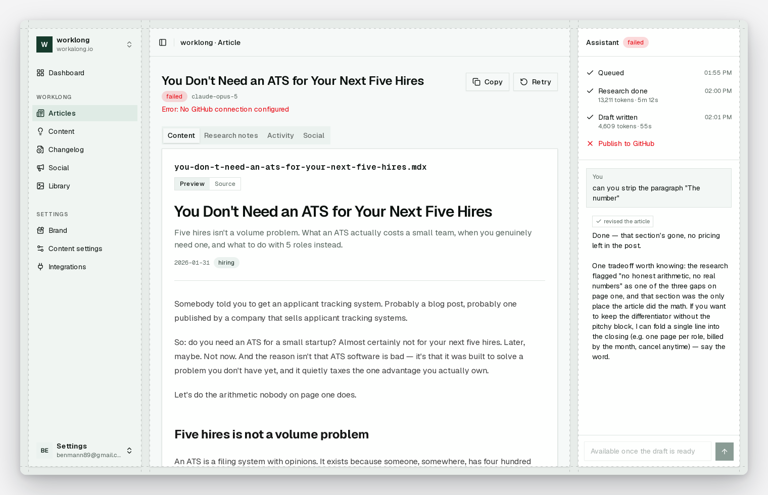 An article page toggled between rendered preview and raw MDX source, showing frontmatter matched to the repo's existing posts