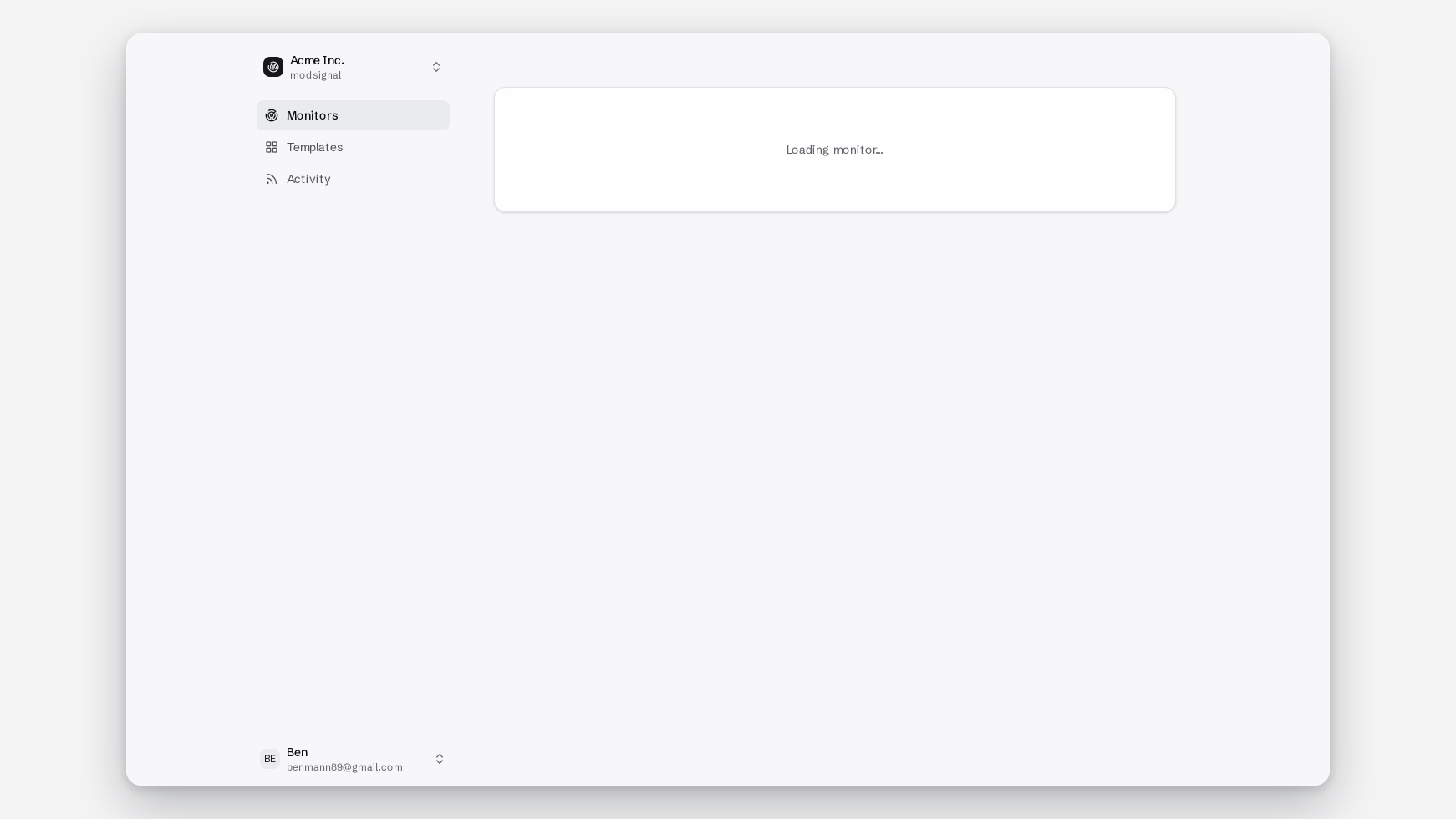 A single monitor's timeline showing run history and change events in order, with one event expanded to reveal the summary sentence, before/after excerpts and confidence score.