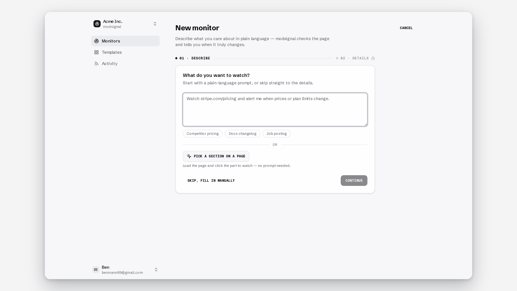 New monitor from a prompt: create a new monitor from a prompt